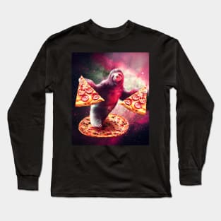 Funny Space Sloth With Pizza Long Sleeve T-Shirt